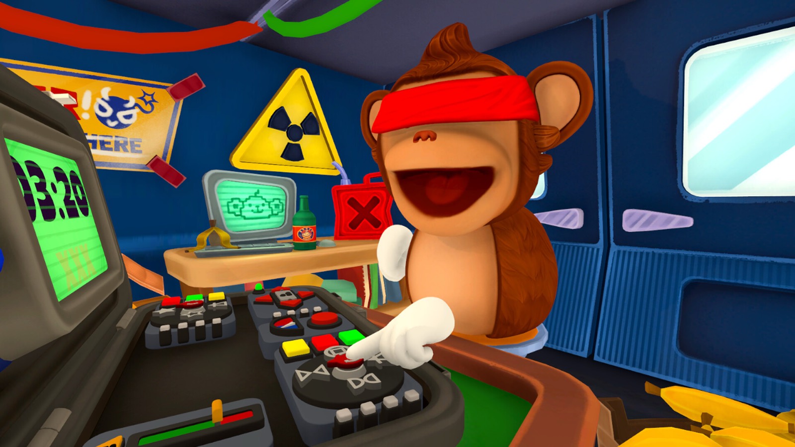 The blindfolded Blind Monkey pressing buttons on the bomb