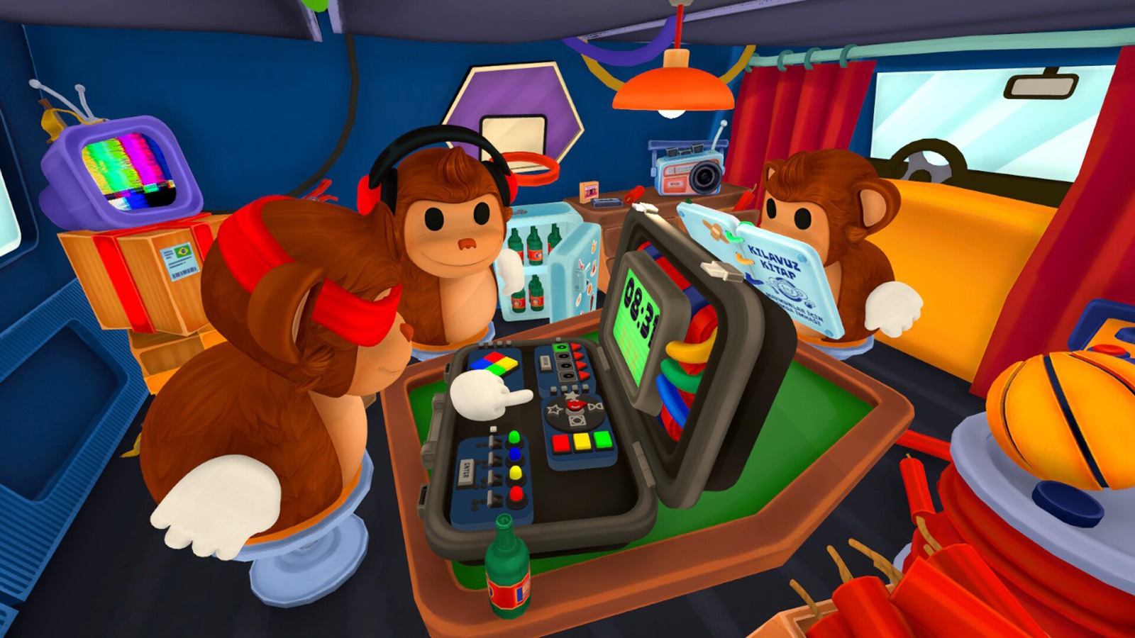 Three monkeys gathered around a bomb inside a van